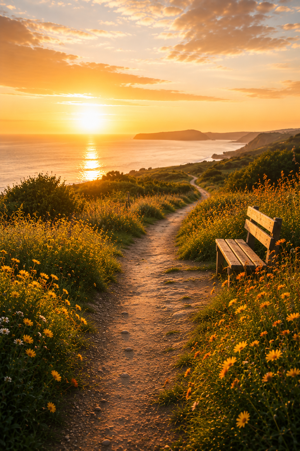 Begleitung bei emotionaler Erschöpfung – Psychotherapie Norderstedt Naturweg im warmen Sonnenlicht mit Sitzbank als Symbol für Begleitung, neue Perspektiven und Unterstützung bei emotionaler Erschöpfung in Norderstedt