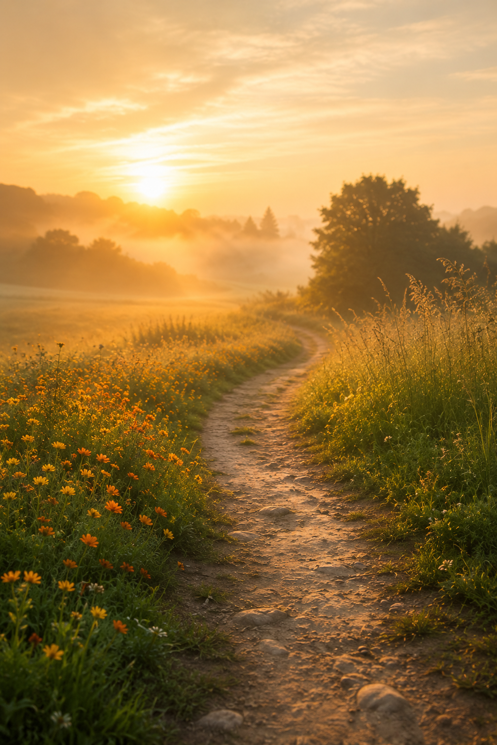 Erschöpfung verstehen – Psychotherapie Norderstedt Naturweg im warmen Morgenlicht als Symbol für das Verstehen von emotionaler Erschöpfung, innerer Unruhe und ständiger Müdigkeit